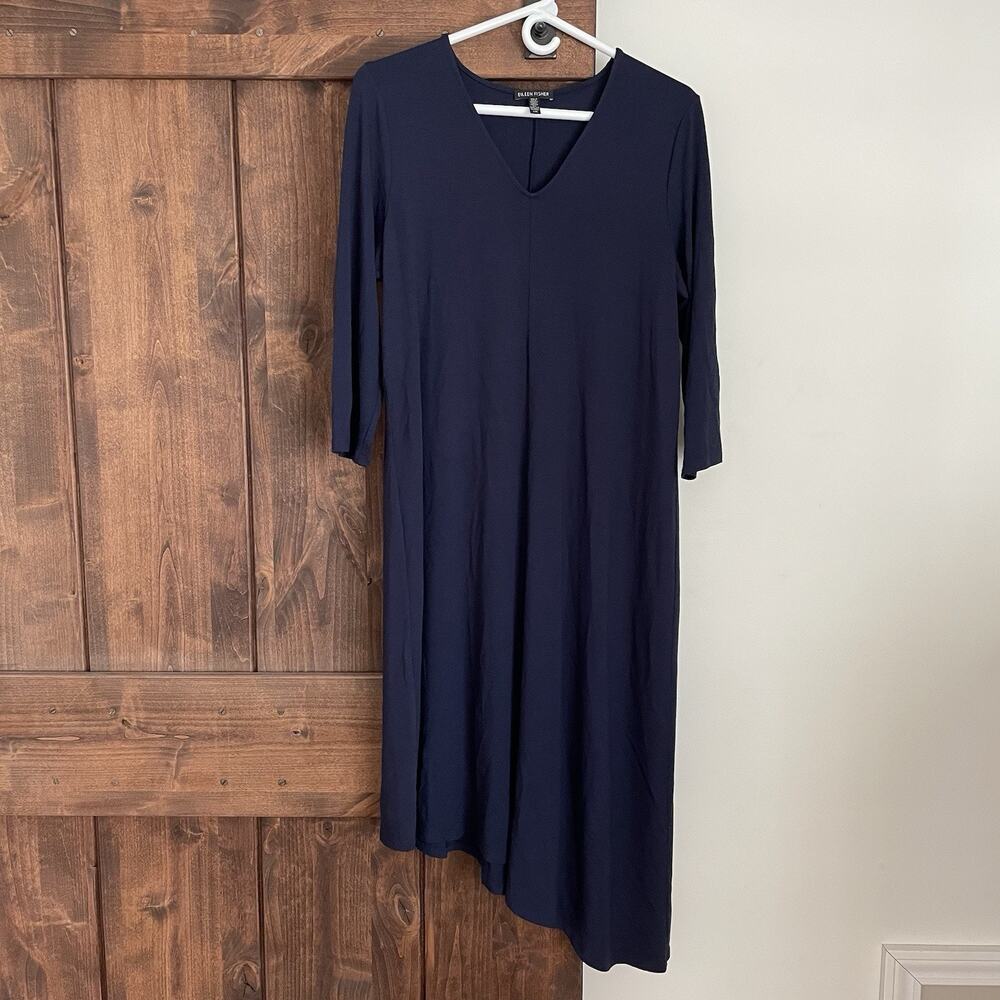 Eileen Fisher Dress Womens Large V-Neck Asymmetrical Hem Navy Blue Jersey